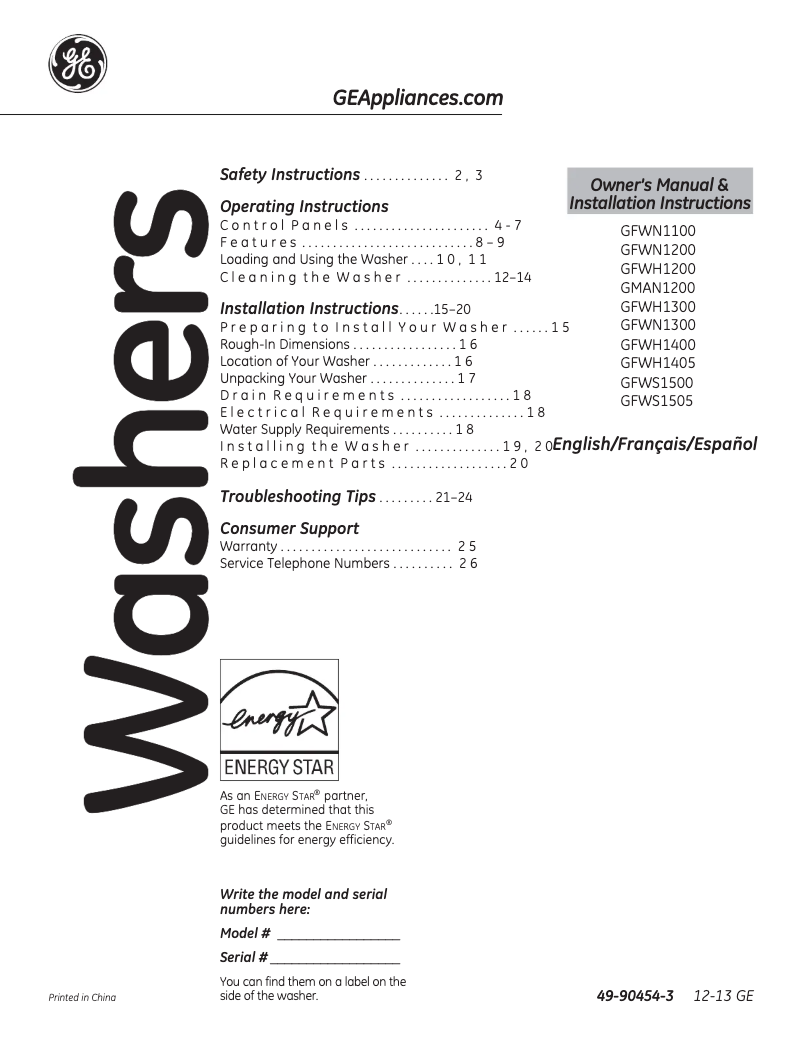 Page 1 de la notice Manuel d'utilisation et d'entretien GE GFWS1500DWW