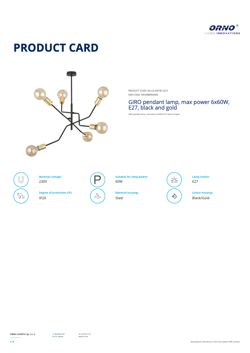 Page 1 de la notice Fiche technique Adviti AD-LD-6307B-CE27