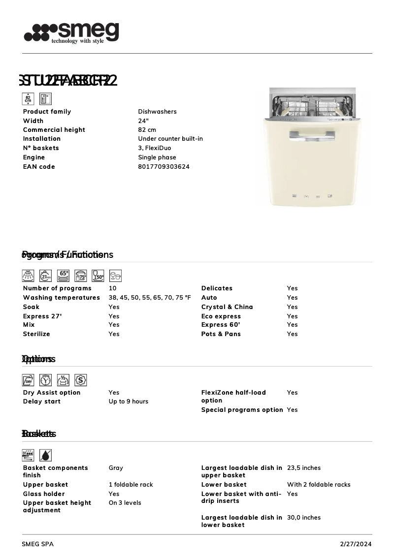 Page 1 de la notice Fiche technique Smeg STU2FABCR2