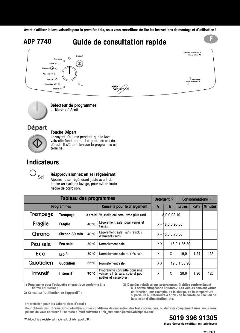 Page 1 de la notice Manuel utilisateur Whirlpool ADP 7740 WH