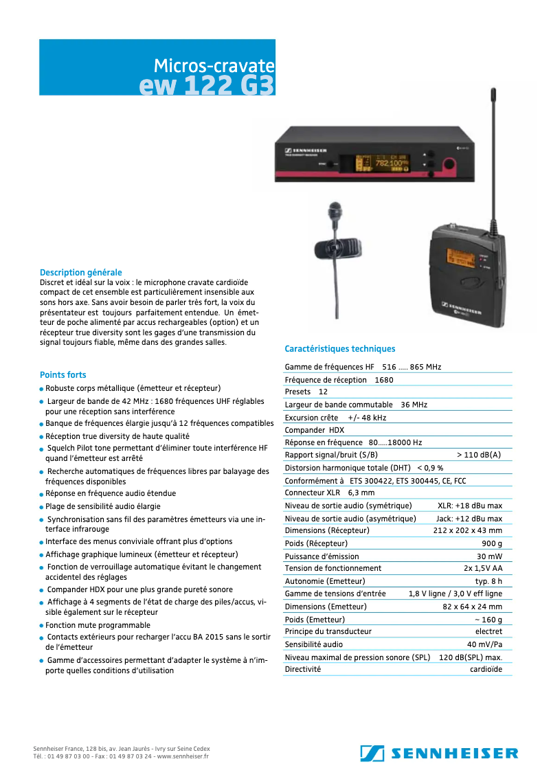 Page n°1 - Fiche technique Sennheiser ew 122 G3
