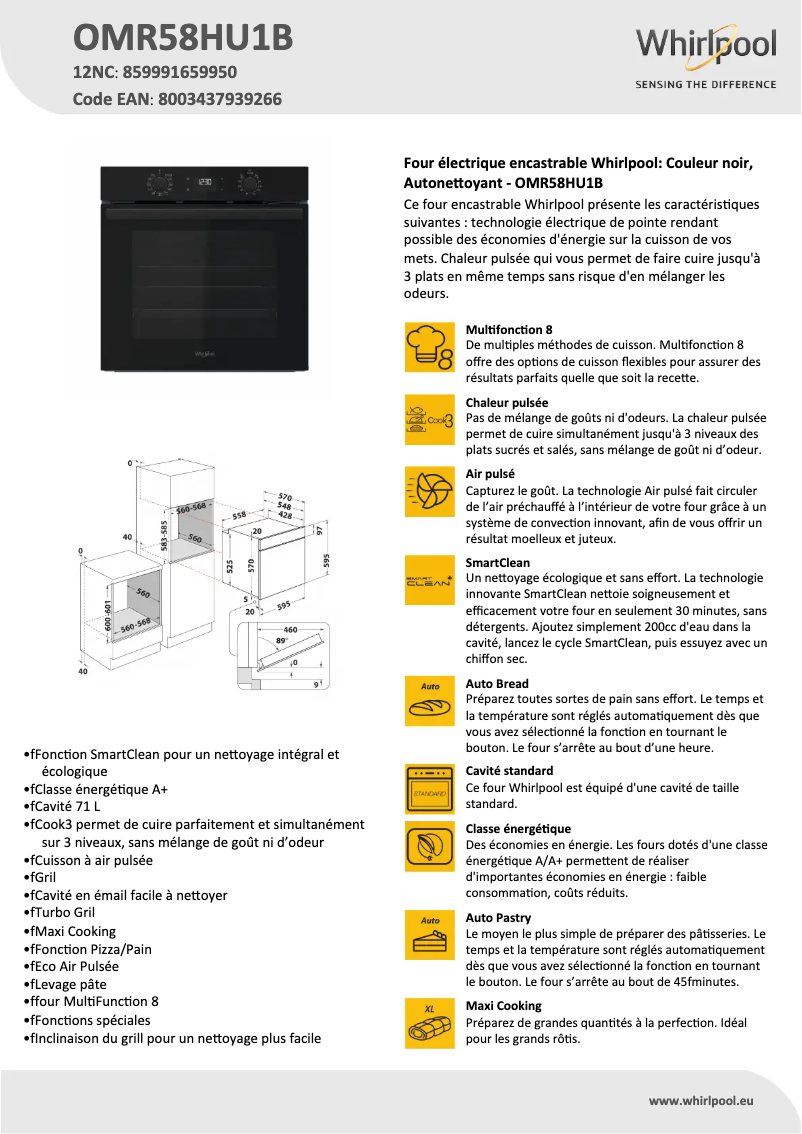 Page 1 de la notice Fiche technique Whirlpool OMR58HU1B