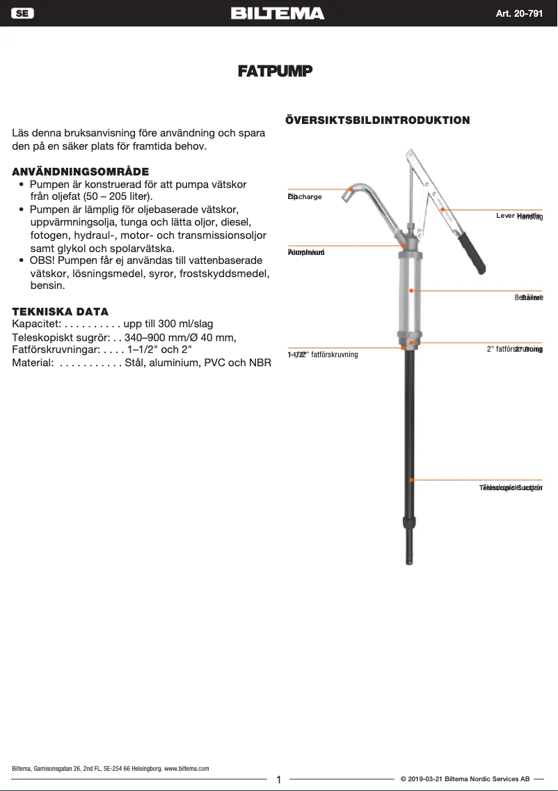 Page 1 de la notice Manuel utilisateur Biltema 20-791
