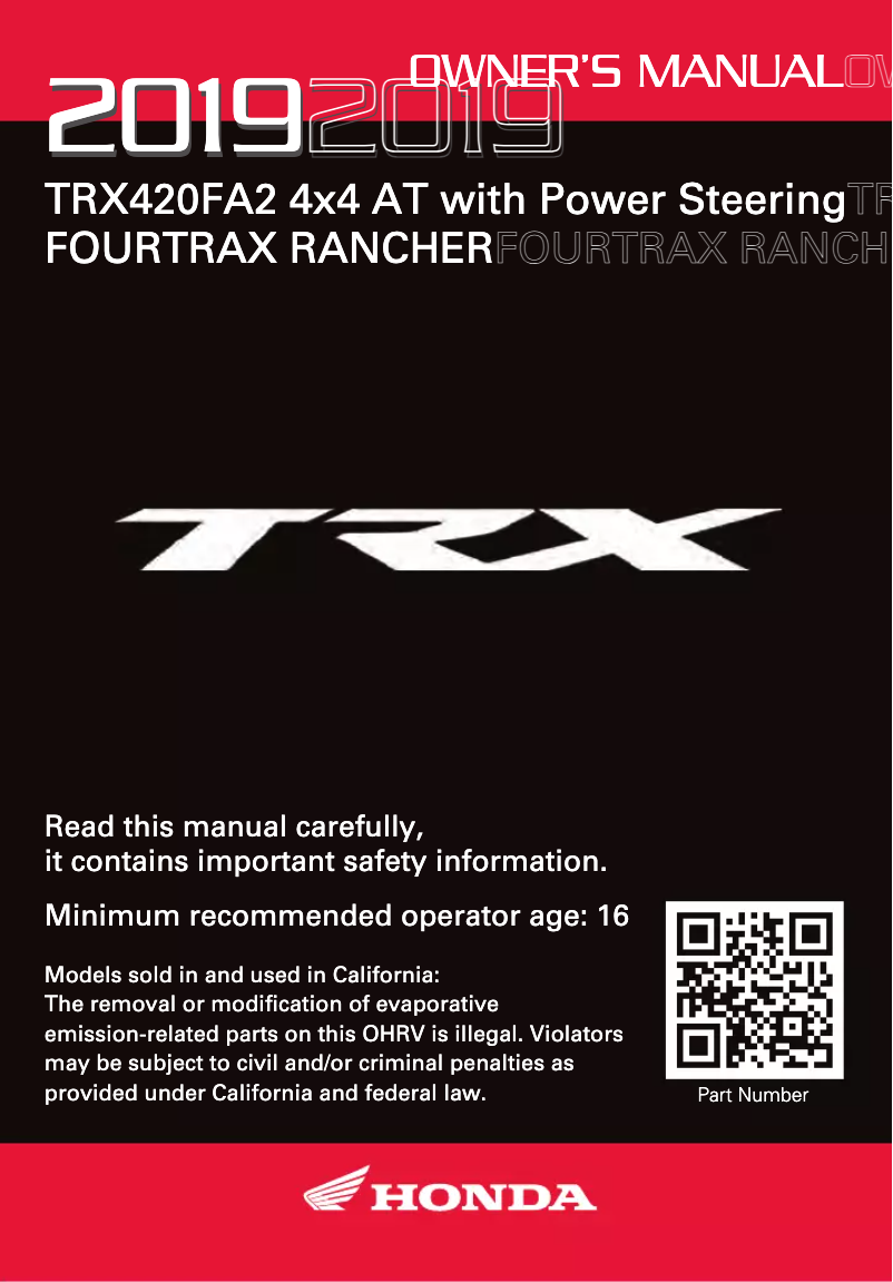 Page n°1 - Manuel utilisateur Honda FourTrax Rancher TRX420FA2 (2019)