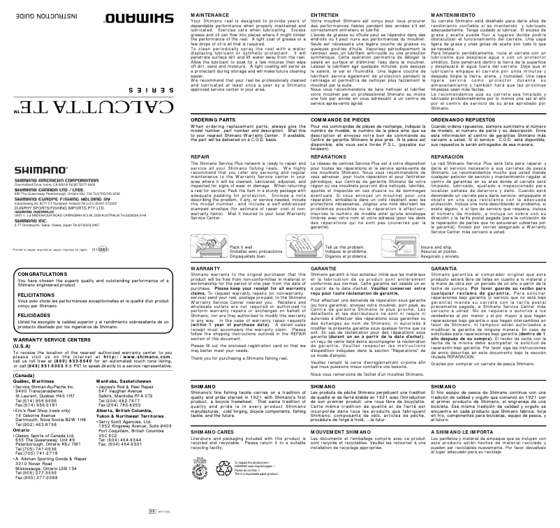 Page 1 de la notice Manuel utilisateur Shimano Calcutta TE 200