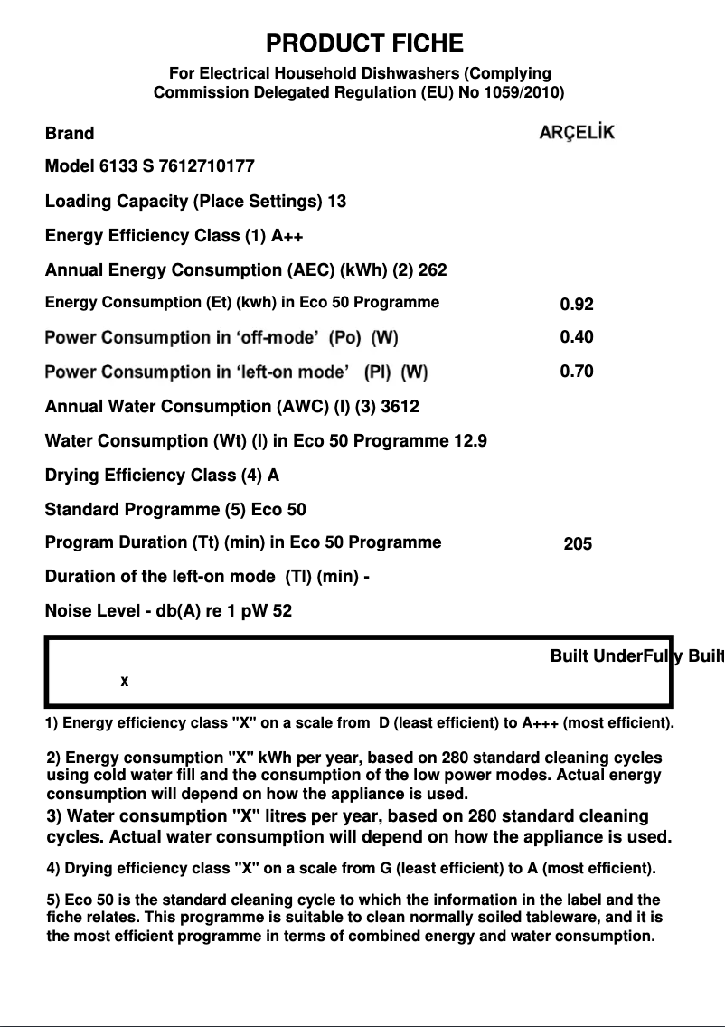 Page 1 de la notice Fiche technique Arçelik 6133 S