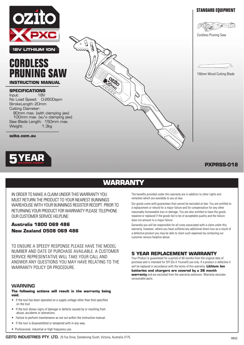 Page 1 de la notice Manuel utilisateur Ozito PXPRSS-018