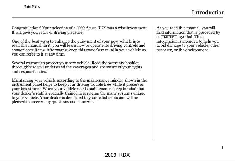 Page 1 de la notice Manuel utilisateur Acura RDX (2009)