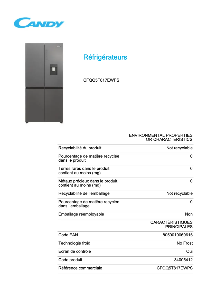 Page 1 de la notice Fiche technique Candy CFQQ5T817EWPS