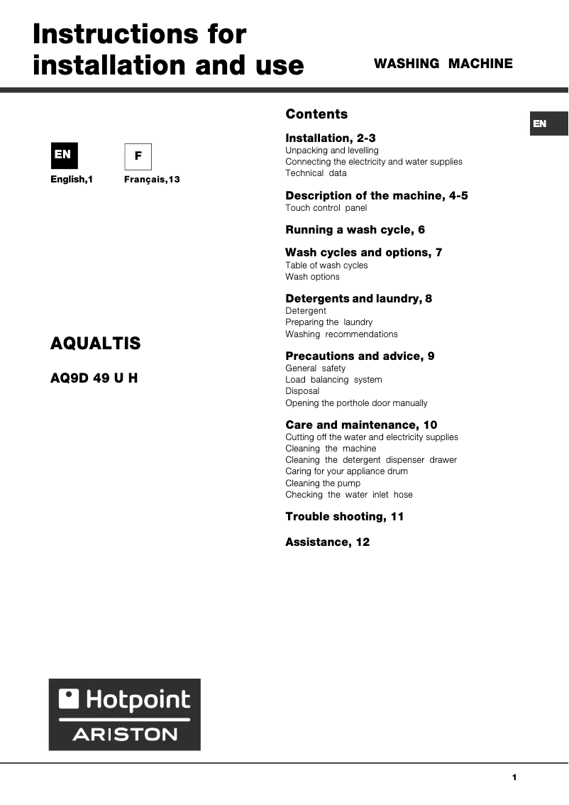 Page 1 de la notice Manuel utilisateur Hotpoint Ariston AQ9D49UHVA