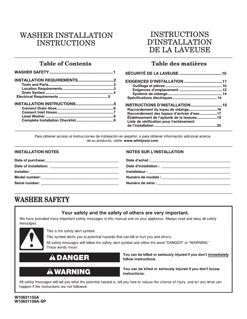Page n°1 - Guide d'installation Maytag MHW3505F