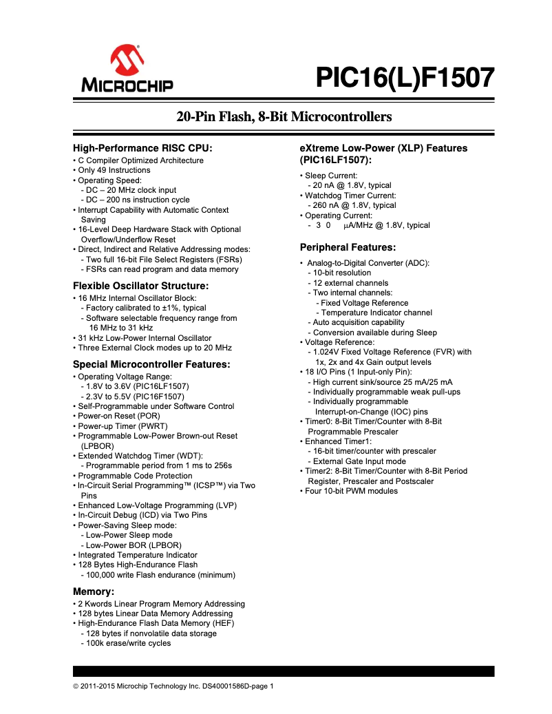 Página 1 del manual Ficha técnica Microchip PIC16F1507