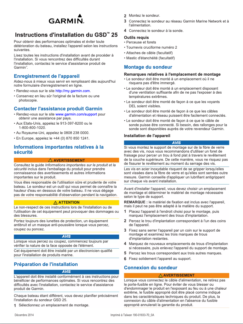 Page 1 de la notice Guide d'installation Garmin GSD 25