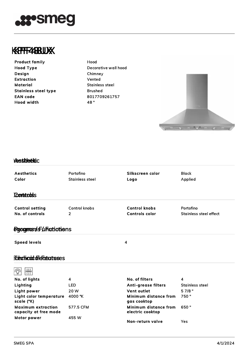 Page 1 de la notice Fiche technique Smeg KPF48UX