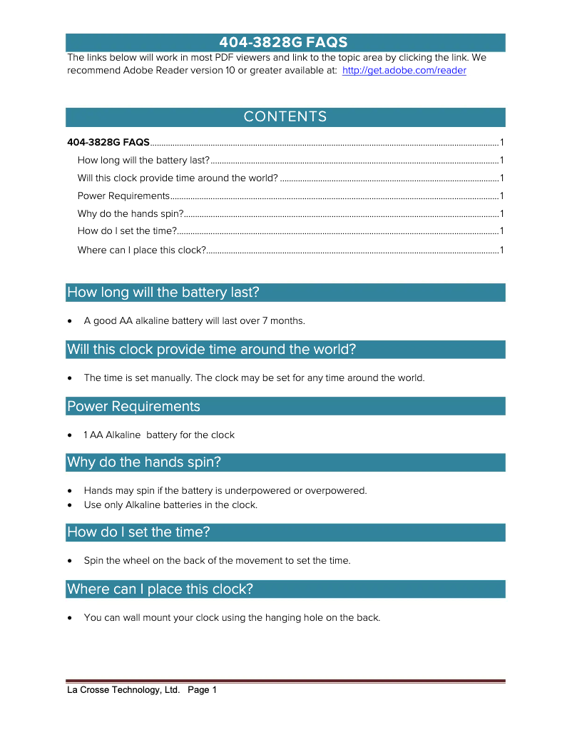 Page 1 de la notice FAQ La Crosse Technology 404-3828G