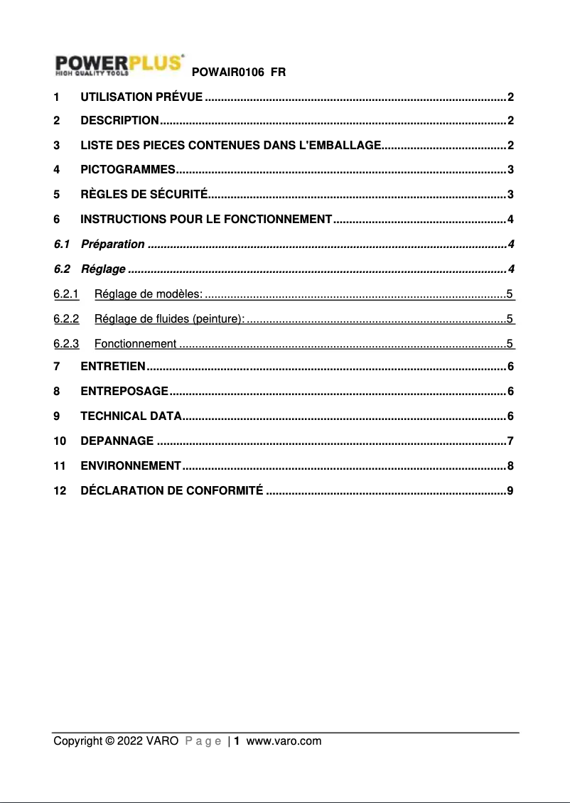 Page n°1 - Manuel utilisateur PowerPlus POWAIR0106