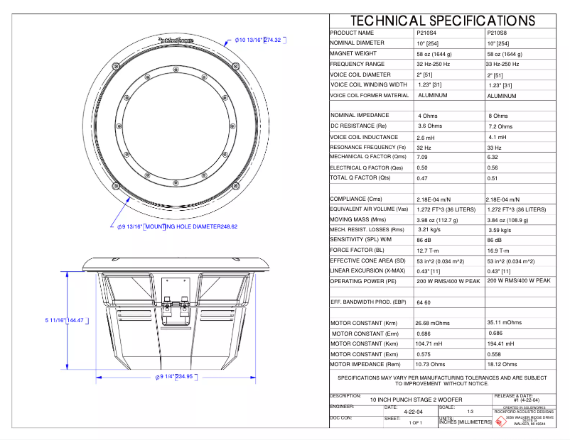 Page n°1 - Fiche technique Rockford Fosgate Punch P212S8