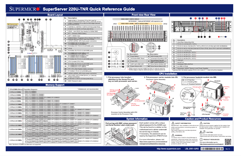 Page 1 de la notice Guide de démarrage rapide Supermicro SuperServer SYS-220U-TNR