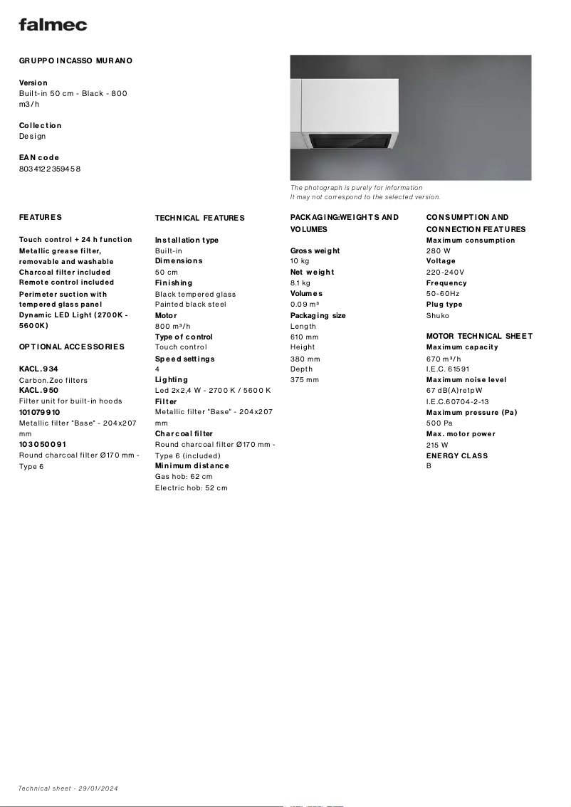 Page 1 de la notice Fiche technique Falmec Gruppo Incasso Murano