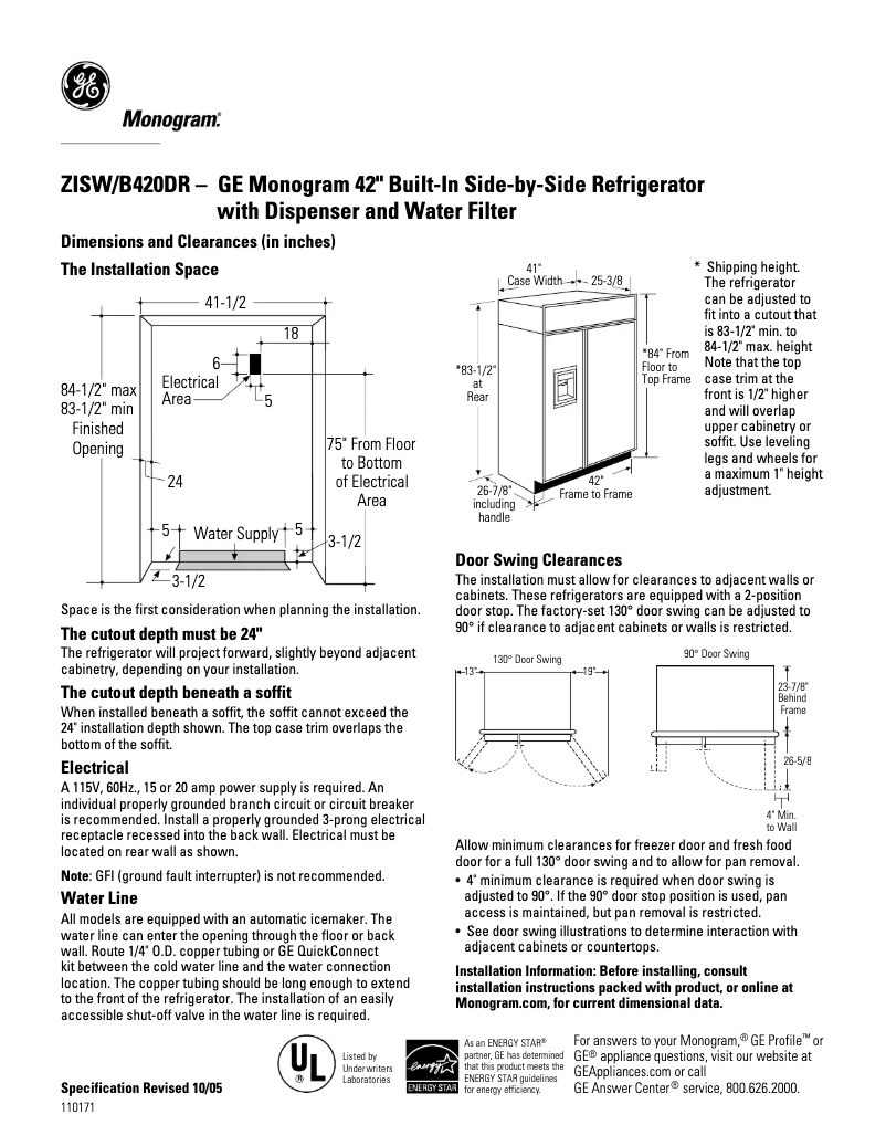 Página 1 del manual Ficha técnica GE ZISB420DR