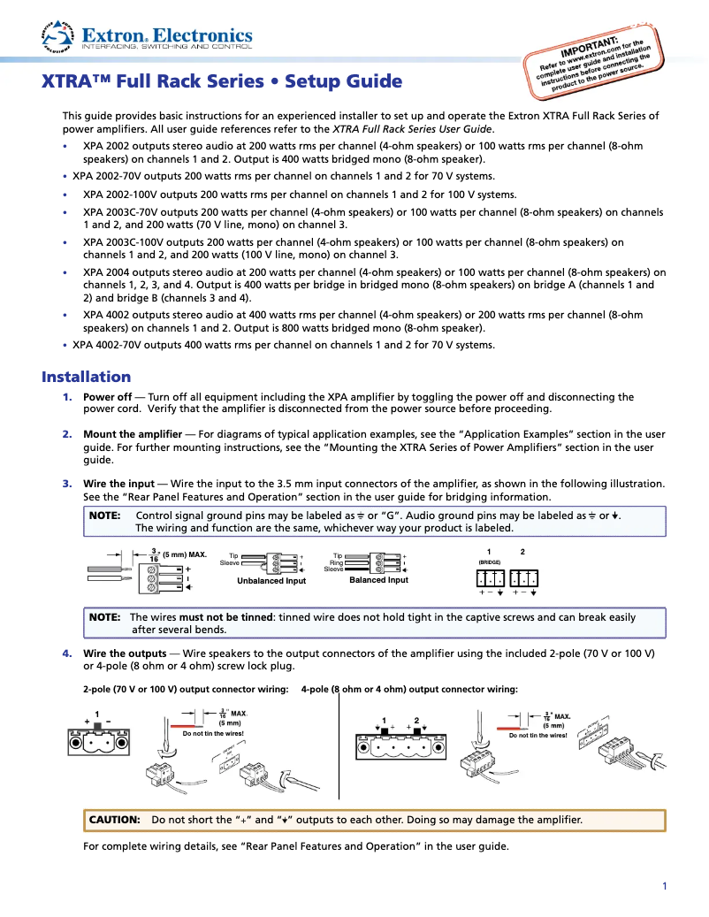 Page n°1 - Manuel utilisateur Extron XPA 4002