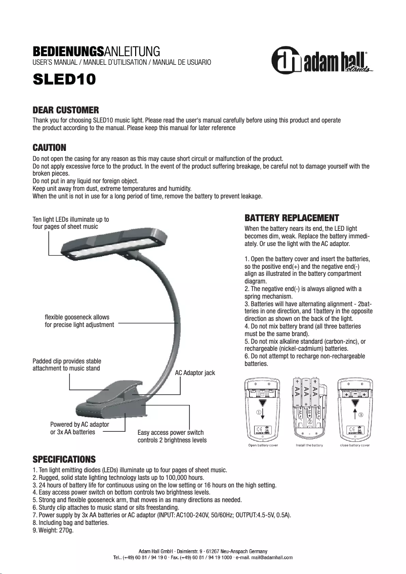 Page 1 de la notice Manuel utilisateur Adam Hall SLED10