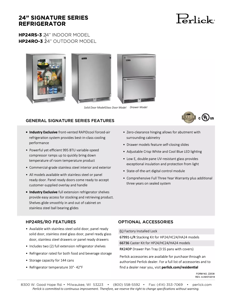 Page 1 de la notice Fiche technique Perlick Signature Series HP24RS-3-1L