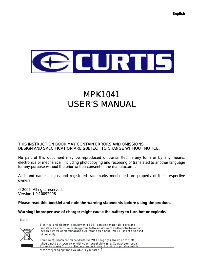 Page 1 de la notice Manuel utilisateur Curtis MPK1041