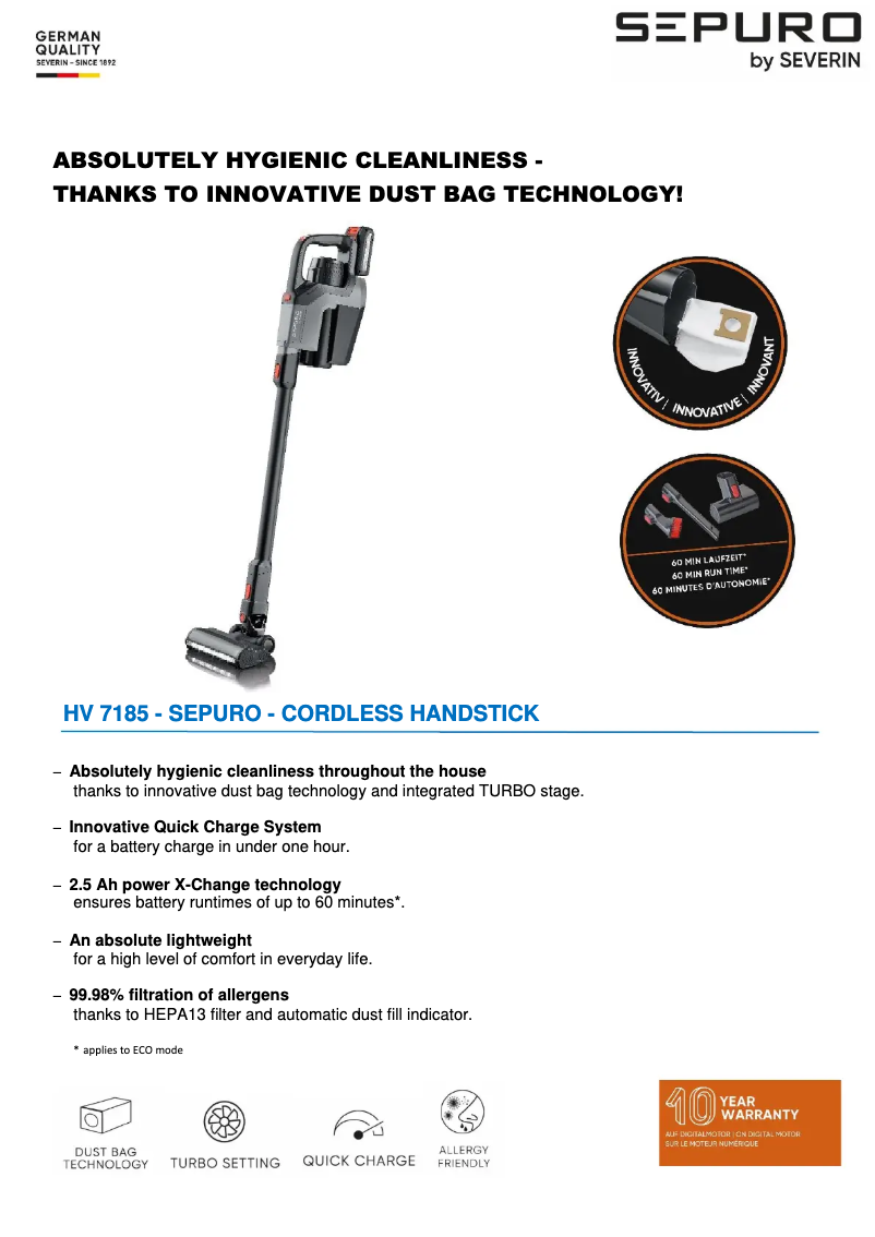 Page 1 de la notice Fiche technique Severin HV 7185
