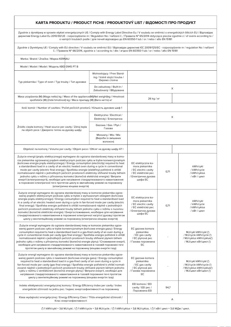 Página 1 del manual Ficha técnica Kernau KBO 0965 SK X