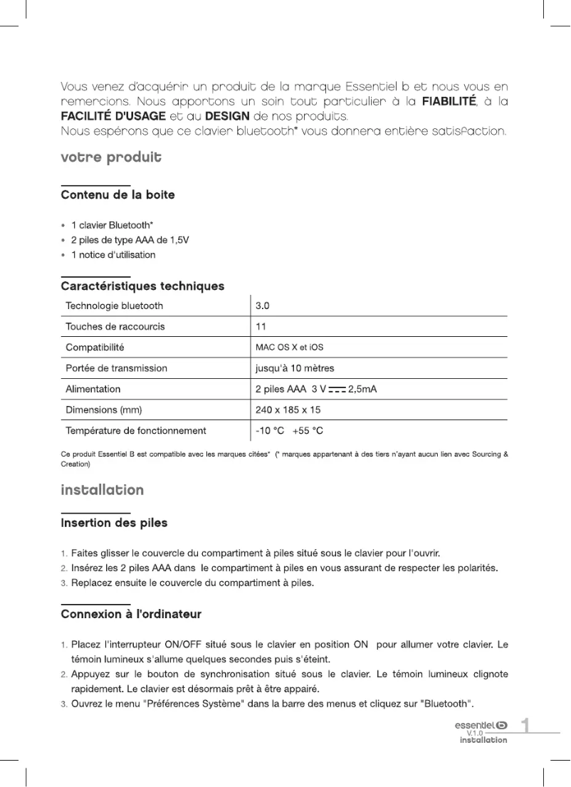 Page 1 de la notice Manuel utilisateur Essentiel B Mini Mac