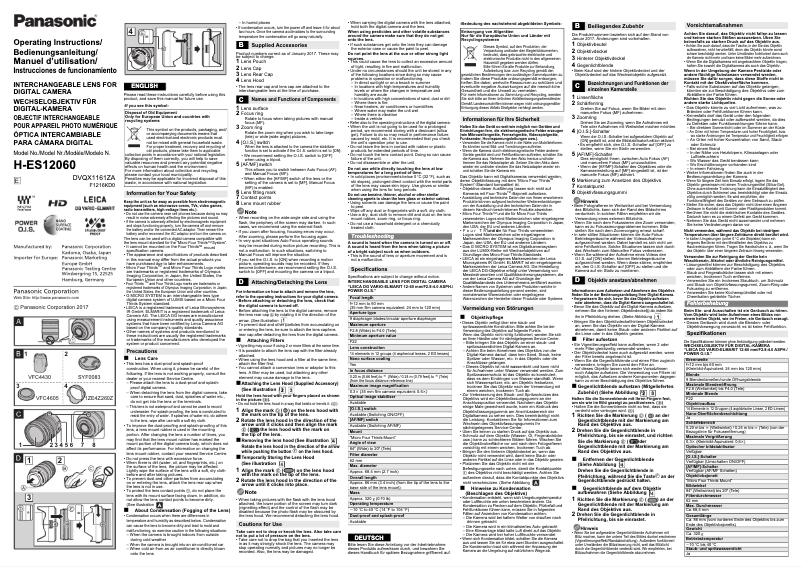 Page 1 de la notice Manuel utilisateur Panasonic Vario-Elmarit 12-60mm f/2.8-4 ASPH OIS