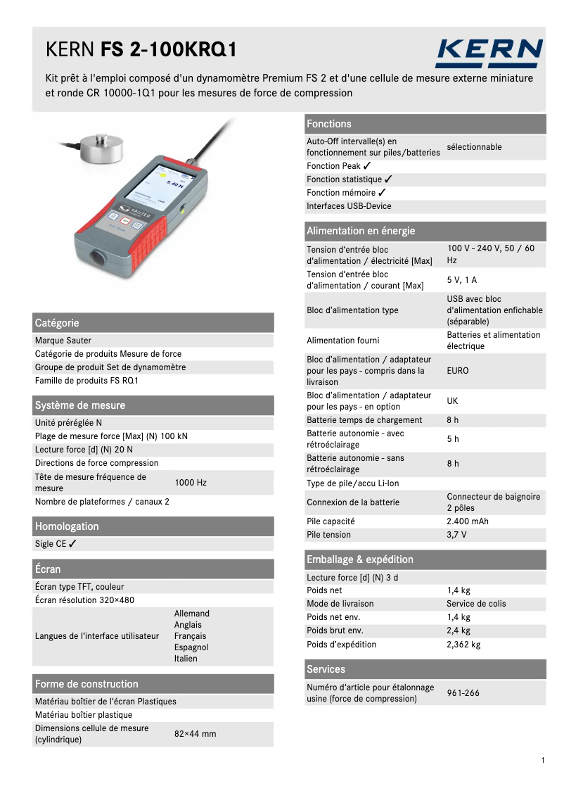 Page 1 de la notice Fiche technique Kern FS 2-100KRQ1
