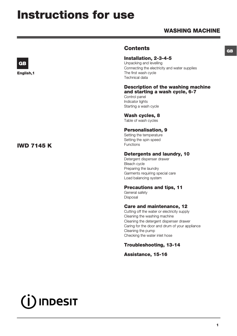 Page 1 de la notice Manuel utilisateur Indesit IWD 7145 K (UK)