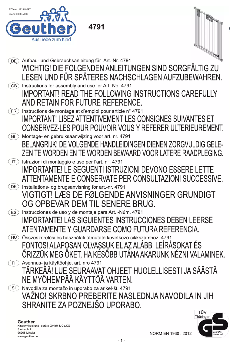 Page 1 de la notice Manuel utilisateur Geuther Easylock 4791