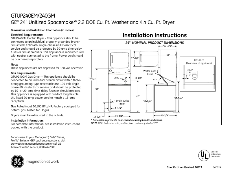 Página 1 del manual Ficha técnica GE Spacemaker GTUP240EMWW