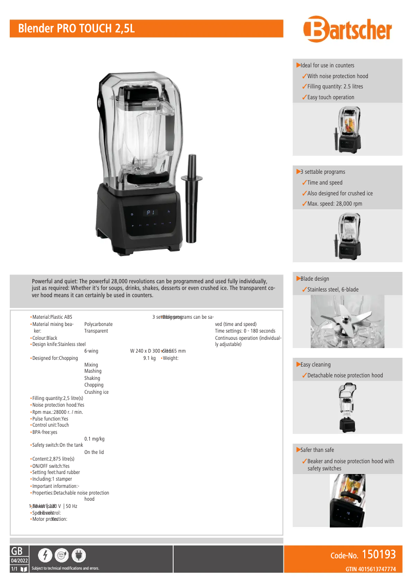 Page 1 de la notice Fiche technique Bartscher 150193