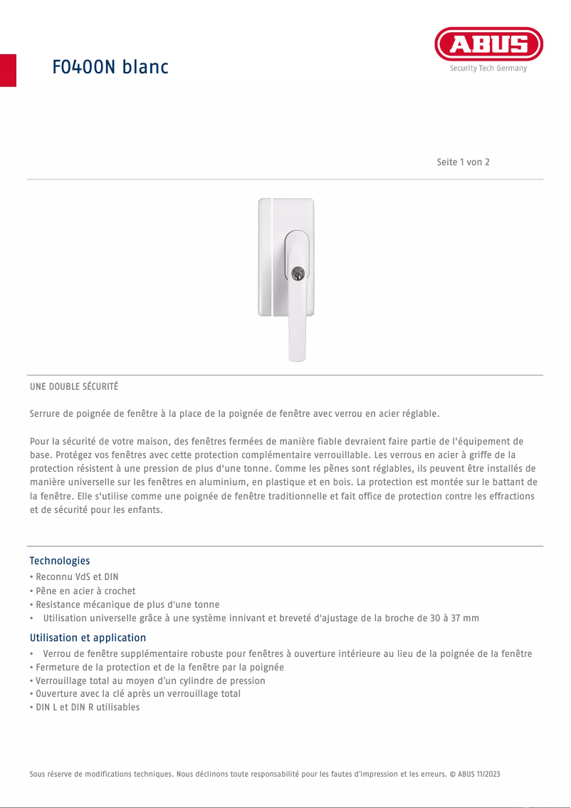 Page 1 de la notice Fiche technique Abus FO400N