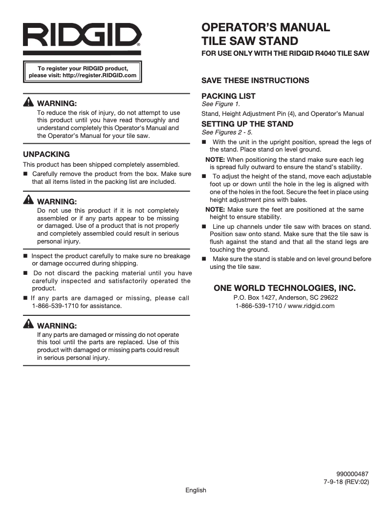 Page 1 de la notice Manuel utilisateur Ridgid R4092