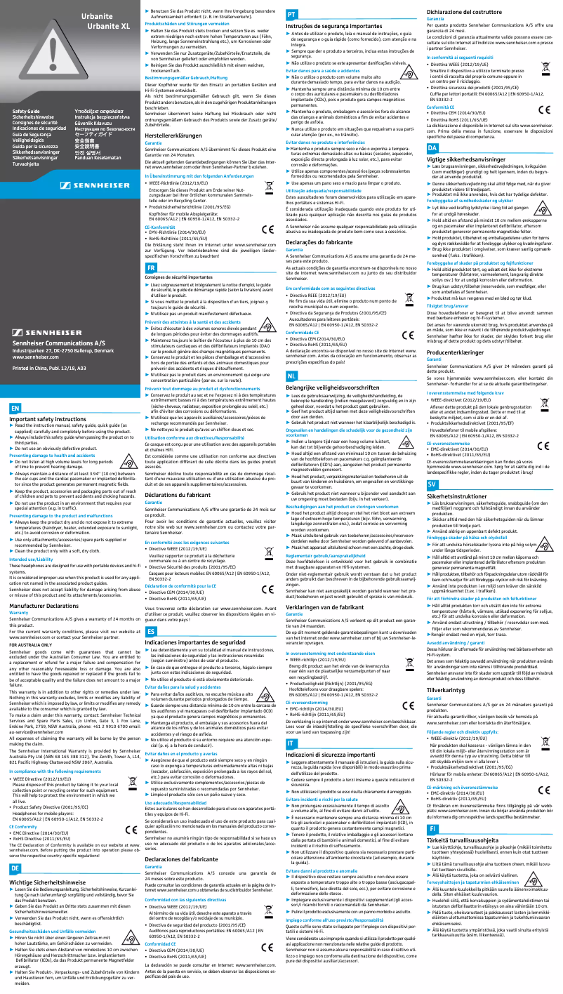 Page n°1 - Instructions de sécurité Sennheiser Urbanite XL