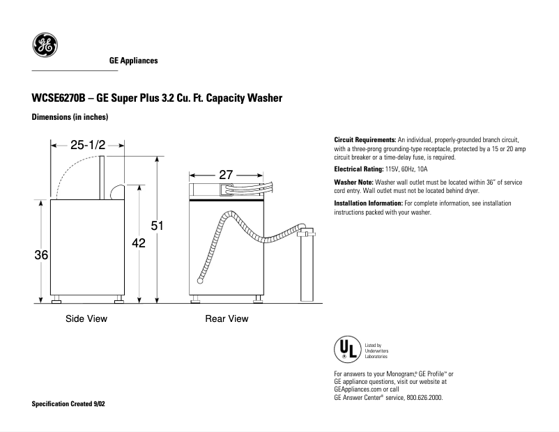 Page n°1 - Fiche technique GE WCSE6270BCC