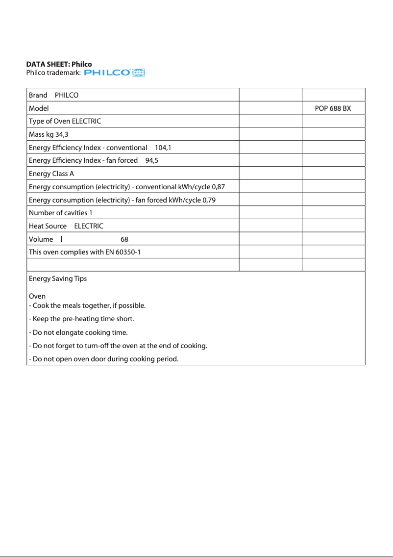 Page 1 de la notice Fiche technique Philco POP 688 BX