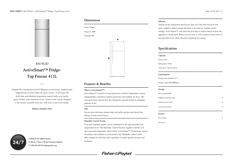 Page 1 de la notice Fiche technique Fisher & Paykel E411TLX3
