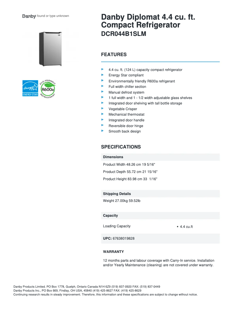 Page n°1 - Fiche technique Danby Diplomat DCR044B1SLM