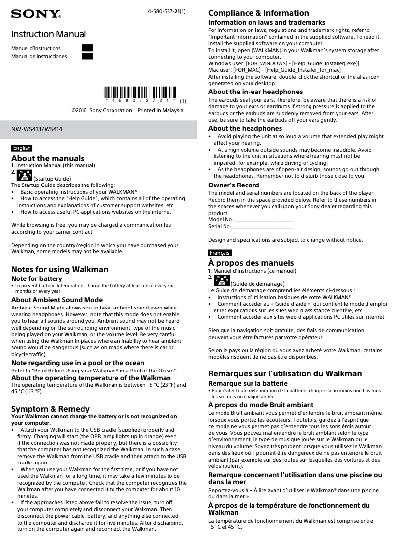 Page n°1 - Manuel utilisateur Sony NWWS414