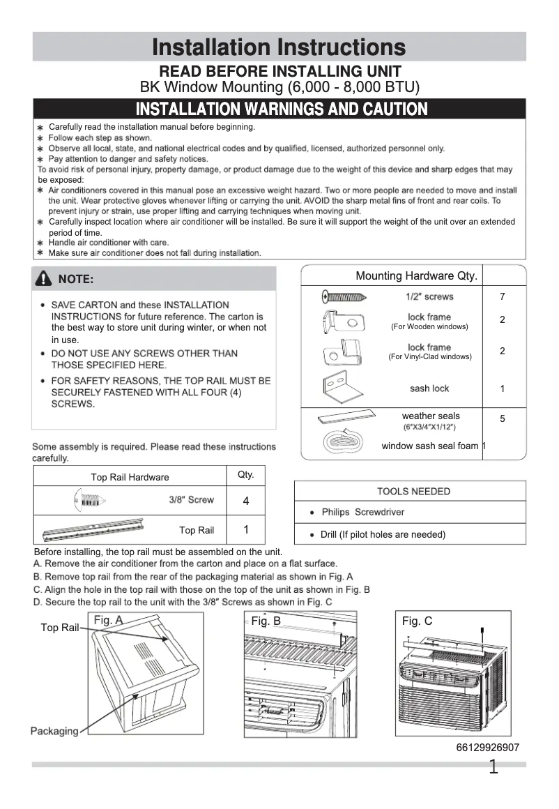 Page 1 de la notice Guide d'installation Frigidaire FFRA082ZA1
