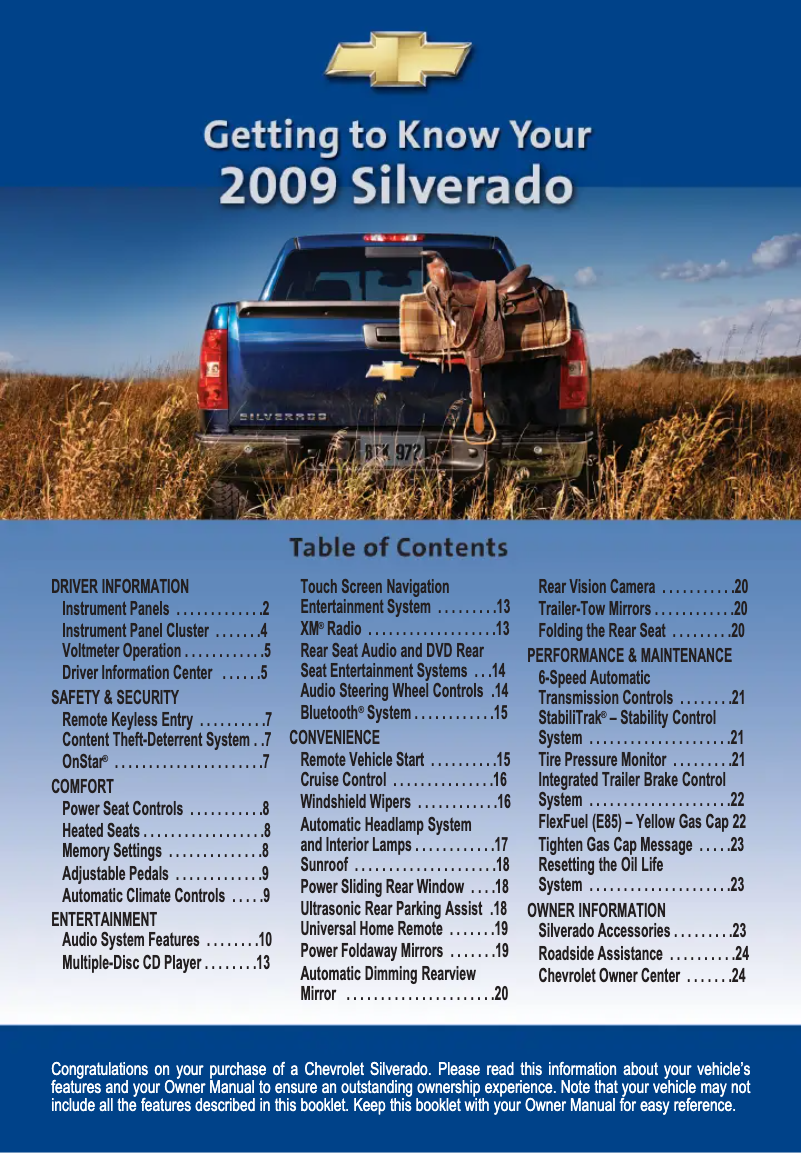 Page 1 de la notice Guide de démarrage rapide Chevrolet Silverado LD (2009)