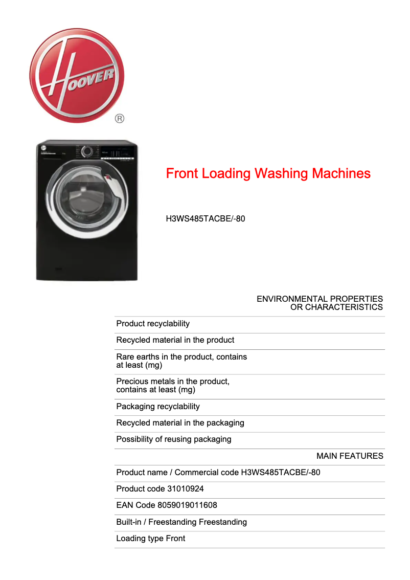 Page 1 de la notice Fiche technique Hoover H-WASH 300 LITE H3WS485TACBE/-80