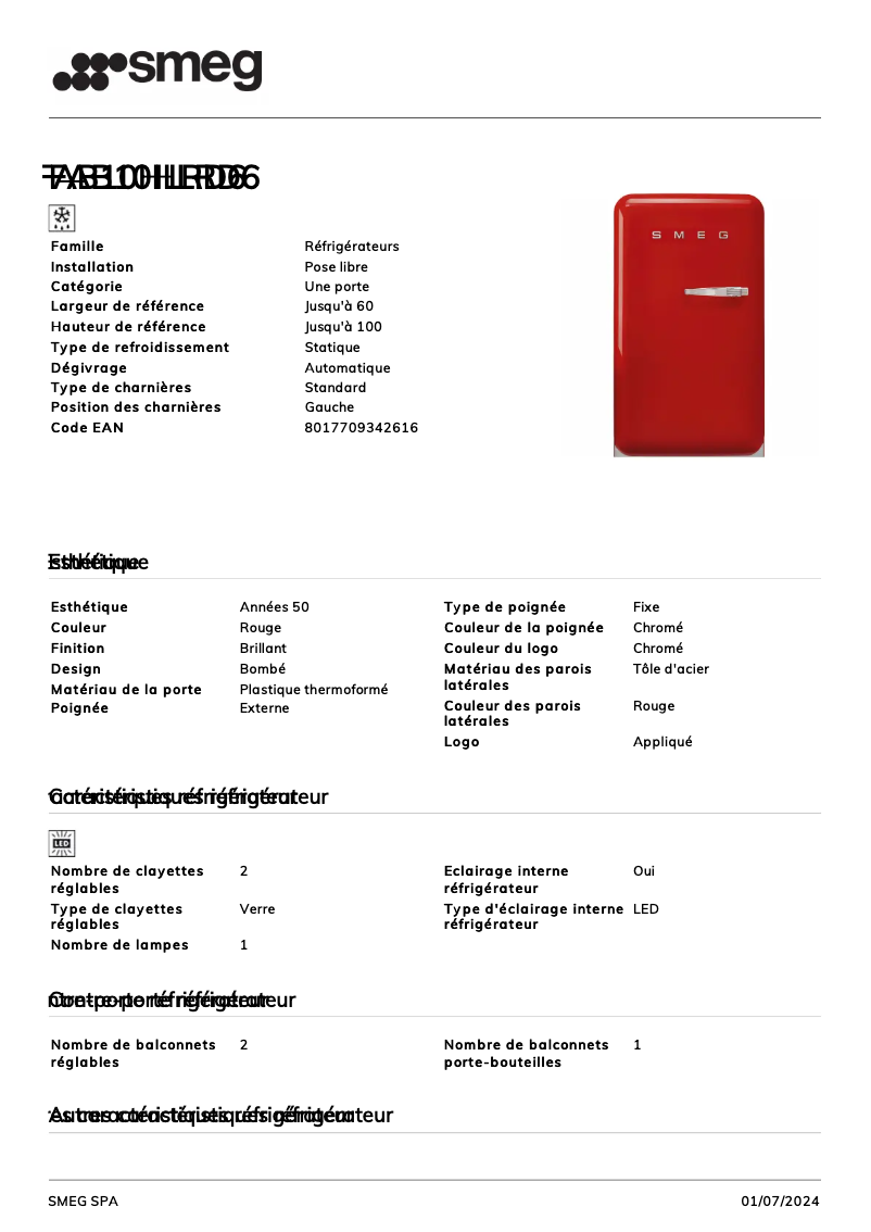 Page 1 de la notice Fiche technique Smeg FAB10HLRD6