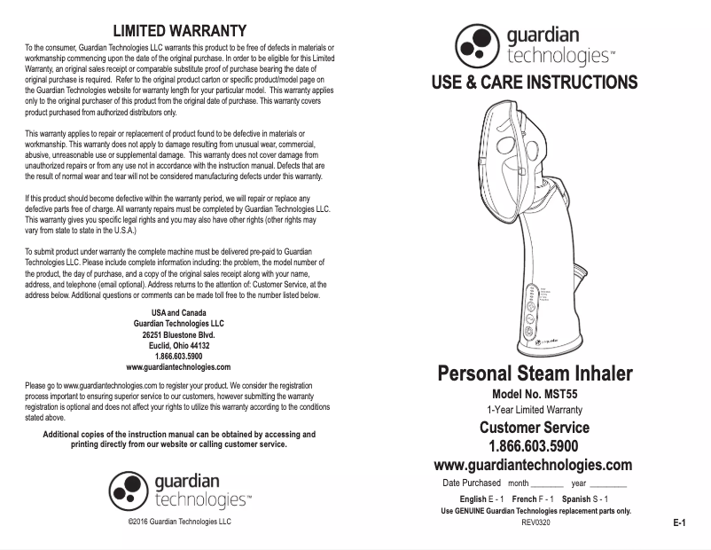 Página 1 del manual Manual de usuario PureGuardian MST55